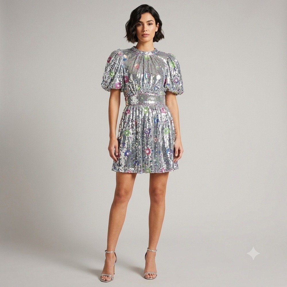 NEW Celia B Wonderer Sequin Mini Dress Silver Puff Sleeve Open Back Tie Neck S